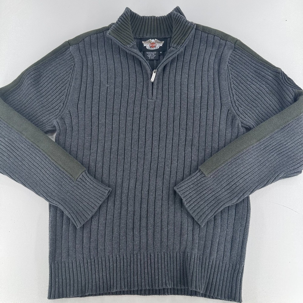 Harley Davidson Motorcycles Pullover Sweater MENS Gray Green Logo 1/4 Zip MEDIUM
